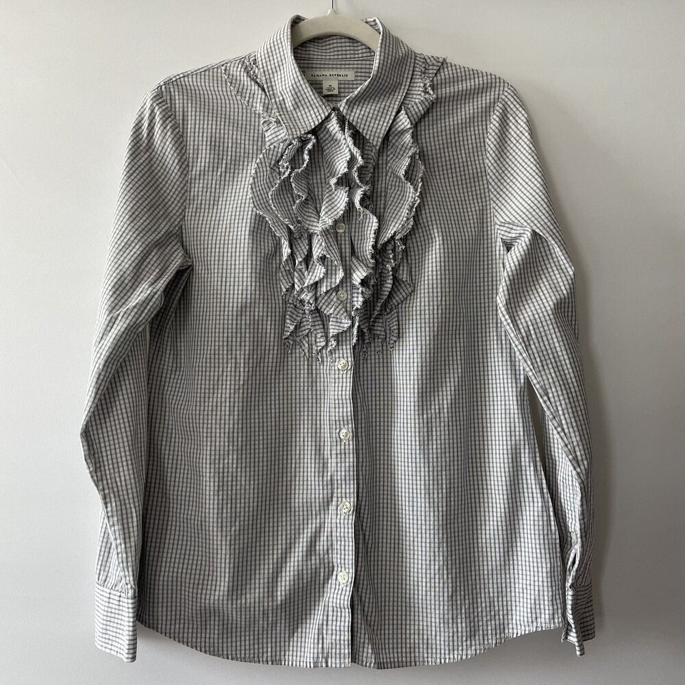 Banana Republic Ruffle Front Button Up Shirt Plaid Gray Cotton Size M-mpv